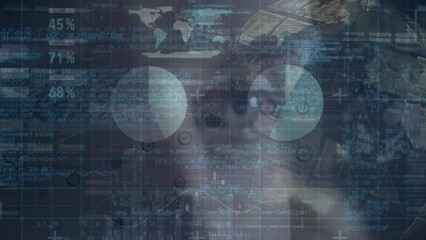 Poster - Animation of data processing and globe over caucasian woman