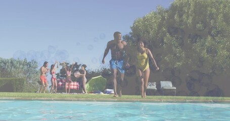 Aufkleber - Animation of bubbles over smiling african american friends at pool party