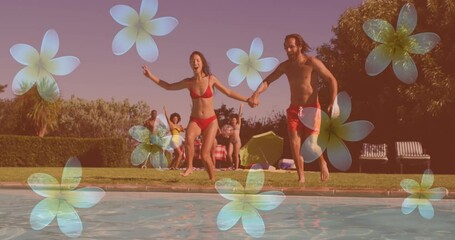 Aufkleber - Animation of flower icons over smiling caucasian friends at pool party