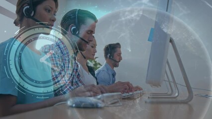 Poster - Animation of data processing over diverse business people using phone headsets