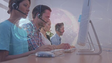 Poster - Animation of data processing over diverse business people using phone headsets