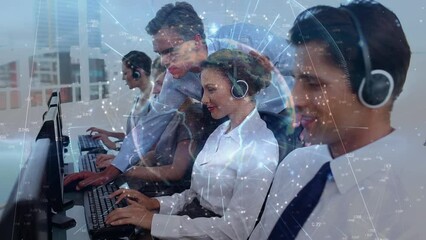 Poster - Animation of data processing over diverse business people using phone headsets