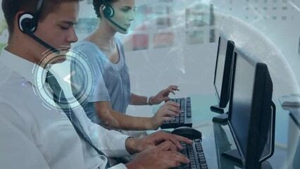 Poster - Animation of data processing over diverse business people using phone headsets