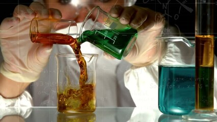 Poster - Animation of mathematical equations over beaker with liquid and caucasian female scientist