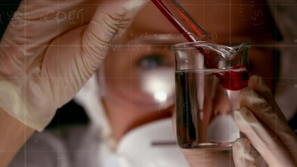 Poster - Animation of mathematical equations over beaker with liquid and caucasian male scientist
