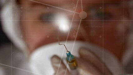 Poster - Animation of mathematical equations and shapes over syringe and caucasian female scientist