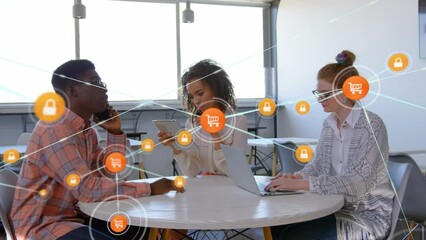 Poster - Animation of network of connections with icons over diverse business people working