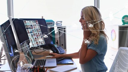 Poster - Animation of network of connections with icons over biracial businesswoman talking on smartphone