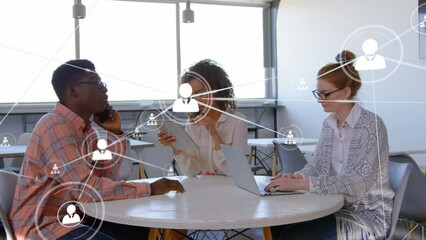 Poster - Animation of network of connections with icons over diverse business people working