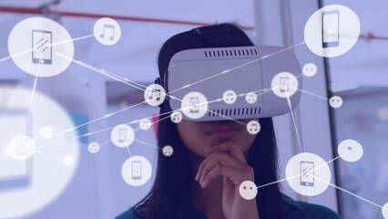 Poster - Animation of network of connections with icons over biracial businesswoman using vr headset