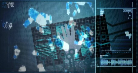 Poster - Animation of digital data processing on screens over dark background