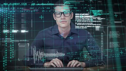 Poster - Animation of data processing over caucasian businessman using typing on computer keyboard