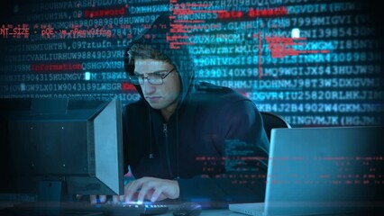 Canvas Print - Animation of data processing over caucasian male hacker using laptop