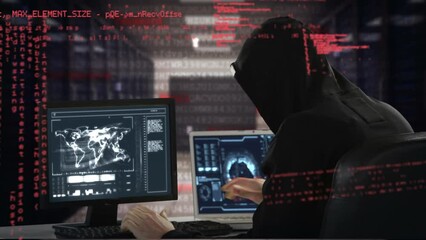 Poster - Animation of data processing over caucasian male hacker using laptop