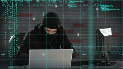 Poster - Animation of data processing over caucasian male hacker using laptop