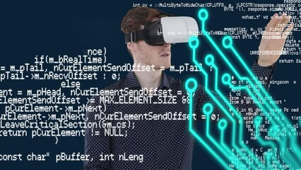 Poster - Animation of data processing over circuit board and caucasian businessman wearing vr headset