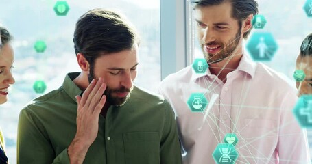 Poster - Animation of network of connections with icons over business people