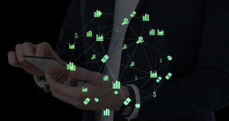 Poster - Animation of network of connections with icons over men using smartphone