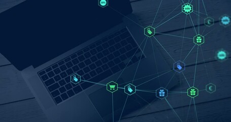 Poster - Animation of network of connections with icons over laptop
