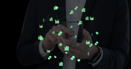 Poster - Animation of network of connections with icons over men using smartphone