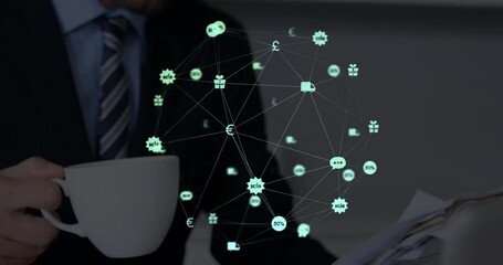 Poster - Animation of network of connections with icons over men using smartphone