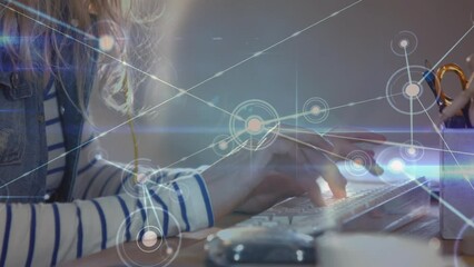 Poster - Animation of network of connections over caucasian businesswoman