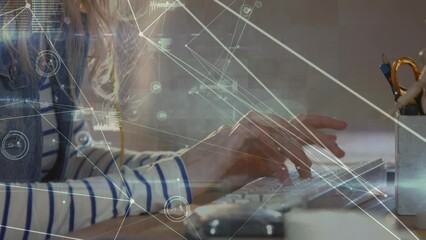 Poster - Animation of network of connections and data processing over caucasian businesswoman