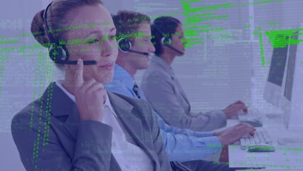 Poster - Animation of data processing over diverse business people wearing phone headsets