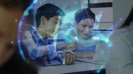 Poster - Animation of connections over happy diverse students using technology at school