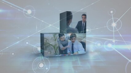 Poster - Animation of connections with icons over diverse businesspeople on screens over white space