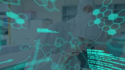 Poster - Animation of scientific data over caucasian female and male lab workers
