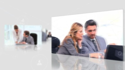 Poster - Animation of connections with icons over diverse businesspeople on screens over white space