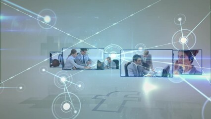 Poster - Animation of connections over diverse businesspeople on screens over grey space