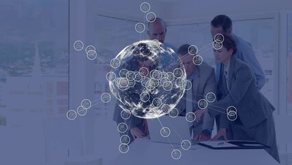 Poster - Animation of globe with icons over caucasian business people talking