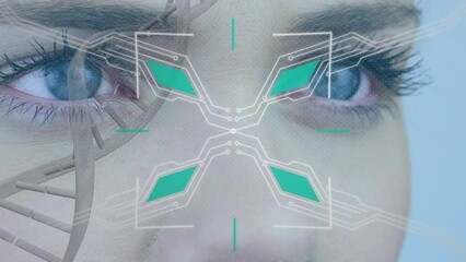 Aufkleber - Animation of shapes and dna strand over eyes of caucasian woman