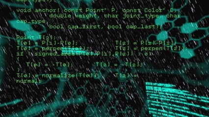 Poster - Animation of green hexagons over data processing on black background