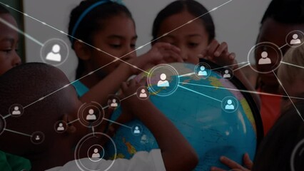 Poster - Animation of connections over diverse pupils with globe at school