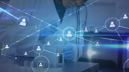 Poster - Animation of connections with icons over african american female lab worker