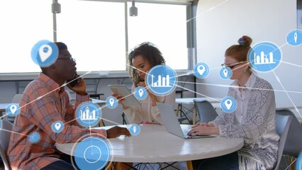 Poster - Animation of network of connections over diverse businesspeople using technology devices