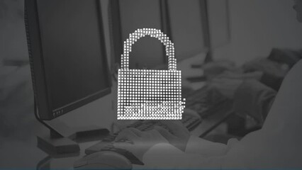 Poster - Animation of digital padlock and cloud over computers in office