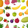 Seamless pattern of berries and fruits.Colorful cartoon icons of ripe and juicy fruits isolated on a white background,avocado,lime,nutrition,pear ,apple,plum,apricot,grape,melon