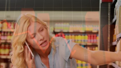 Poster - Animation of data processing over smiling caucasian woman talking on smartphone in shop