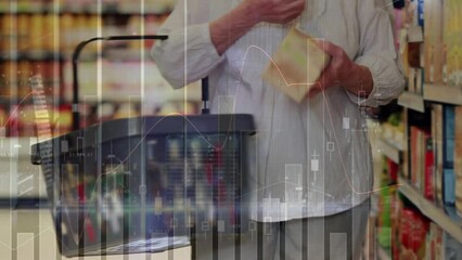 Poster - Animation of data processing over senior caucasian woman with basket in shop