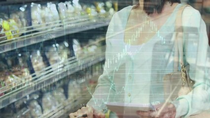 Poster - Animation of data processing over smiling caucasian woman with trolley in shop