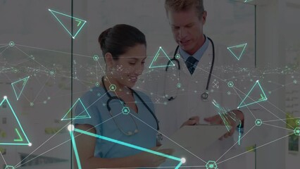 Poster - Animation of network of connections with shapes over diverse female nurse and male doctor talking
