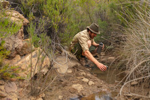 Young Caucasian Male Adventurer Collecting Water From Small Pond Amidst Rocks And Plants In Forest