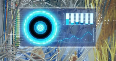 Poster - Animation of data processing over biracial man inspecting server room