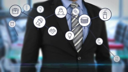 Poster - Animation of network of connections with icons over businessman