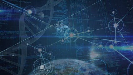 Poster - Animation of network of connections over globe and dna in navy space