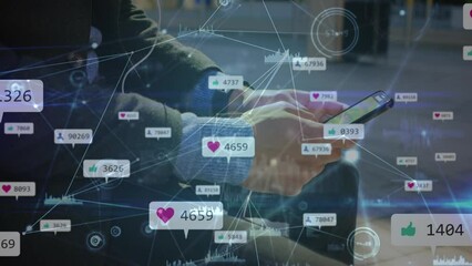 Poster - Animation of connections and social media reactions over hands of caucasian man using smartphone